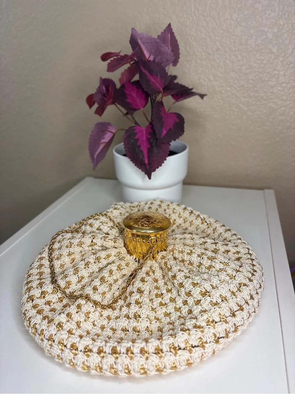 Vintage Made in Germany Gold White Cord Cage Top Handle Evening Bag